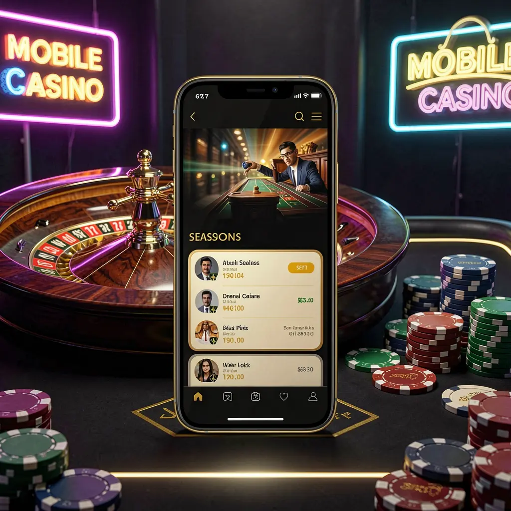 AC 69 mobile casino application scene featuring a phone in the center with a roulette wheel and poker chips in the background, illuminated by glowing neon lights in a premium black and gold style