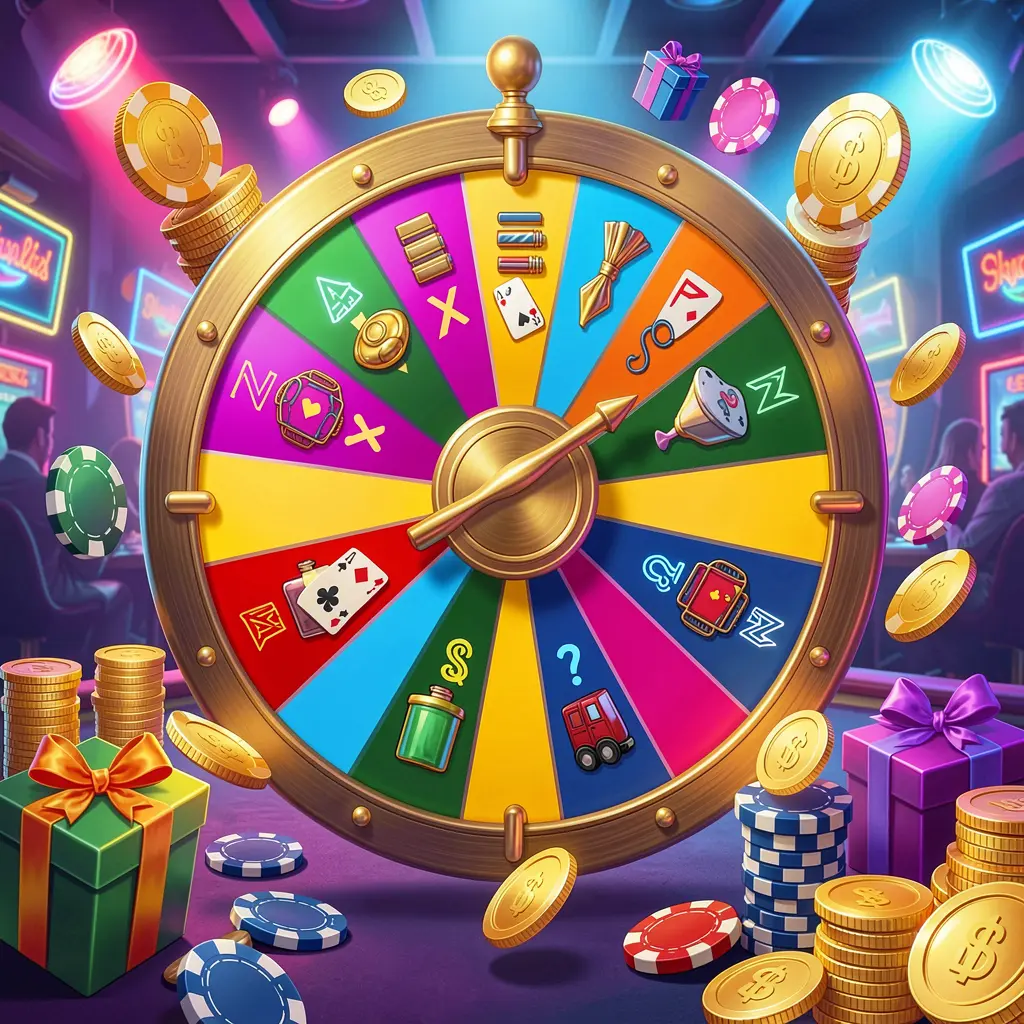 AC 69 casino bonus wheel with colorful prize sections surrounded by golden coins, chips, and gift boxes under bright neon casino lights in a dynamic composition