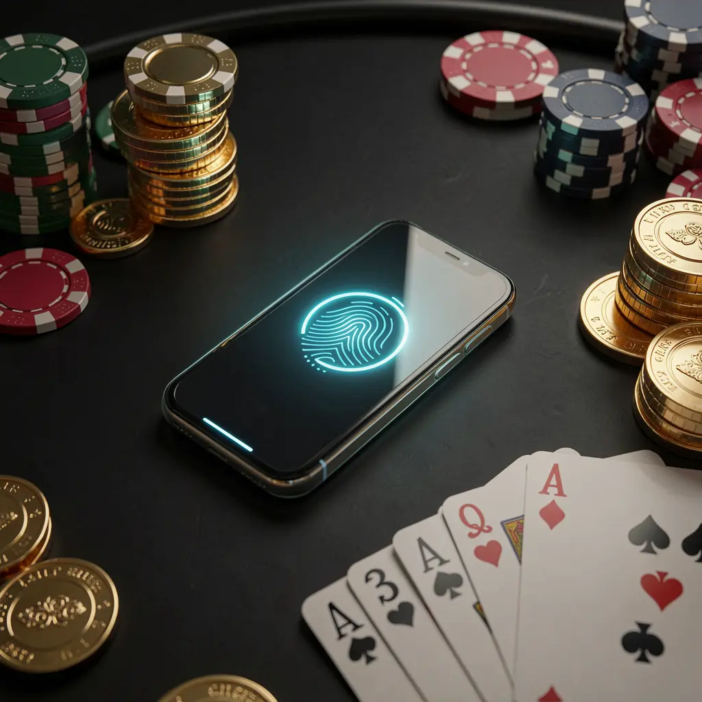 AC 69 online casino authentication concept showing a phone with a glowing fingerprint scan on a premium black table surrounded by poker chips, golden coins, and playing cards in a cinematic 3D render