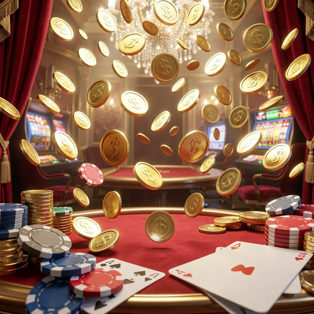 AC 69 online gaming platform homepage banner featuring bright casino lights with golden coins raining, poker chips and playing cards in the foreground, set in a luxury red and gold atmosphere with high detail 3D render